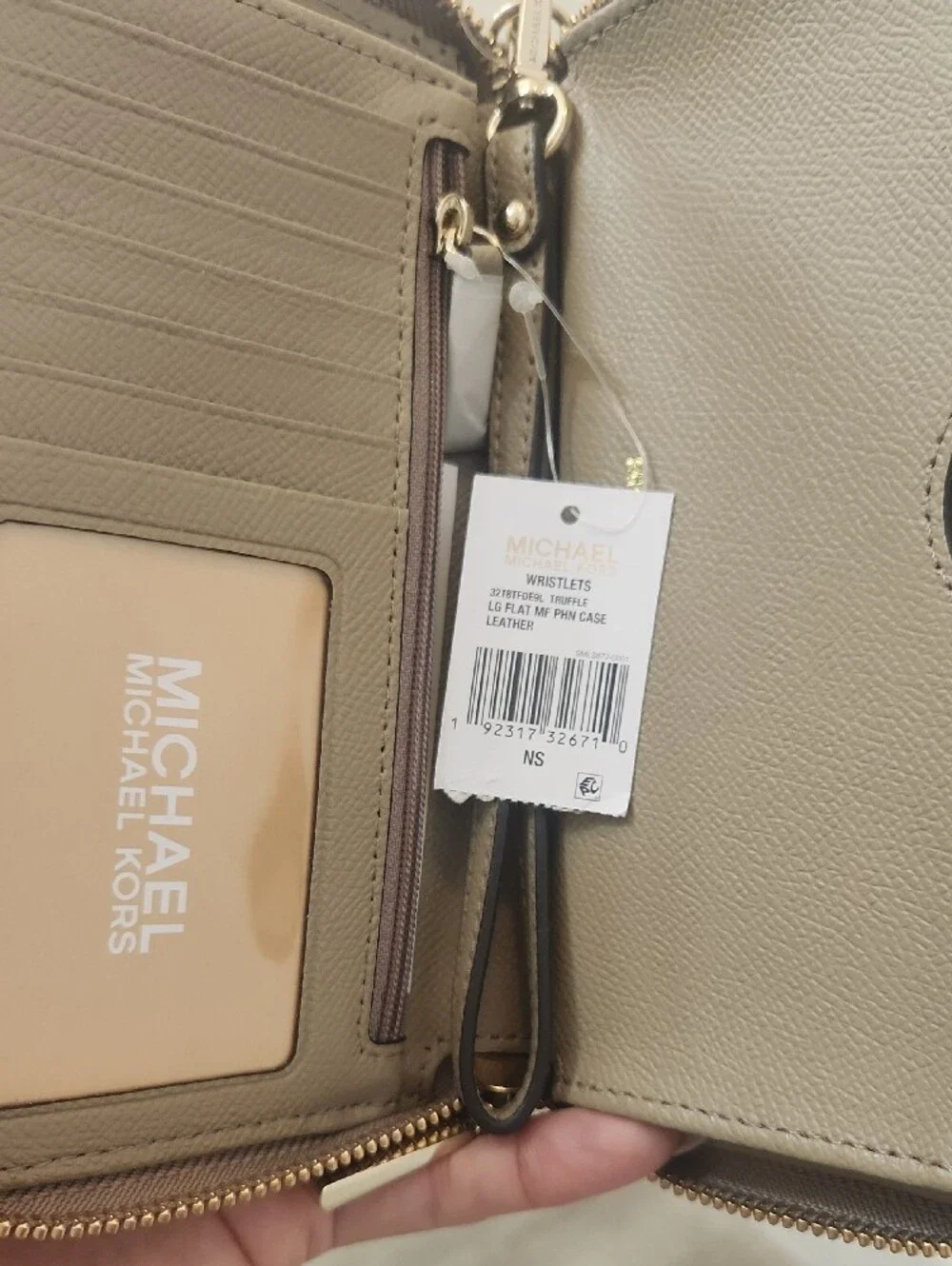 Michael Kors Beige Saffiano Zip Wallet with Gold Logo